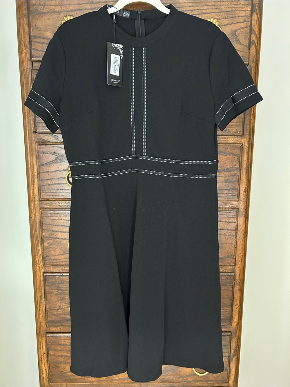 NWT Black Short-Sleeve Dress with Contrast Stitching by Homeyee, Size XXL